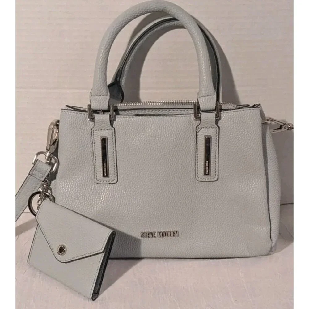 Steve Madden Crossbody Purse Attached Wallet Faux Leather Satchel Gray Pebbled